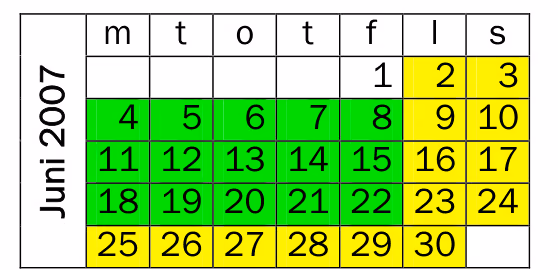 Kalender for juni 2007 der gule, grønne og hvite dager er markert