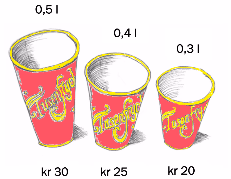Tre brusbegre på 0,5 l til kr 30, 0,4 l til kr 25 og 0,3 l til kr 20
