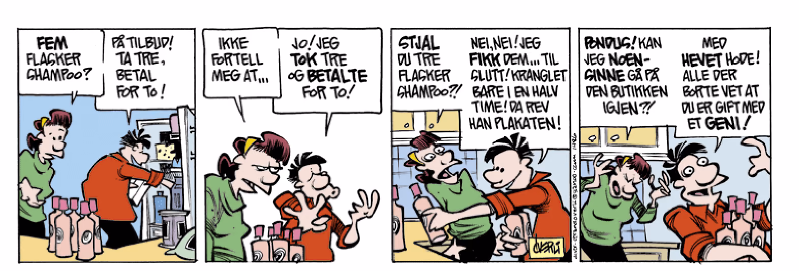 Pondus-stripe der Pondus har fem flasker sjampo, tar tre av dem og betaler for to