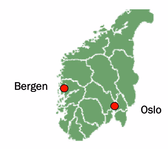 Kart over Sør-Norge med Bergen og Oslo markert