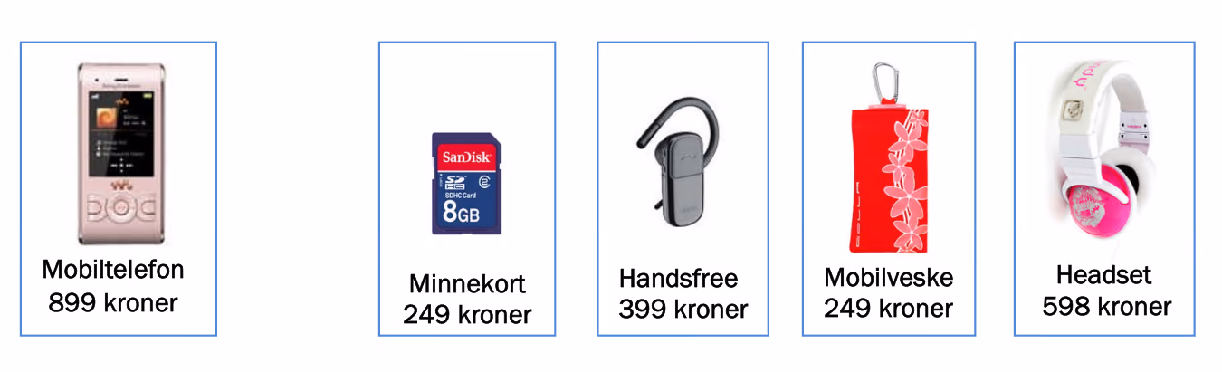 Mobiltelefon 899 kroner, minnekort 249 kroner, handsfree 399 kroner, mobilveske 249 kroner og headset 598 kroner