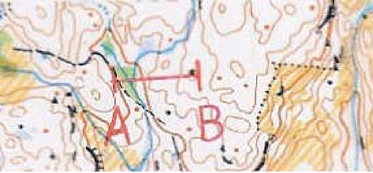 Utsnitt av et orienteringskart med to poster merket A og B, og en rett rød strek mellom dem