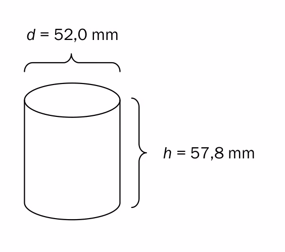 Skisse av en sylinder med diameter d lik 52,0 mm og høyde h lik 57,8 mm
