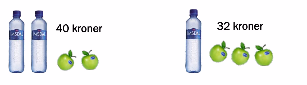 To flasker vann og to epler koster 40 kroner. Én flaske vann og tre epler koster 32 kroner