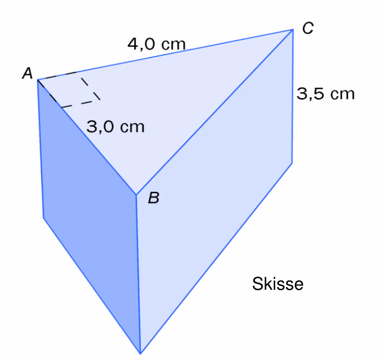 Skisse av et rett, trekantet prisme der trekanten ABC har rett vinkel i A med AB = 3,0 cm og AC = 4,0 cm, og prismet er 3,5 cm høyt