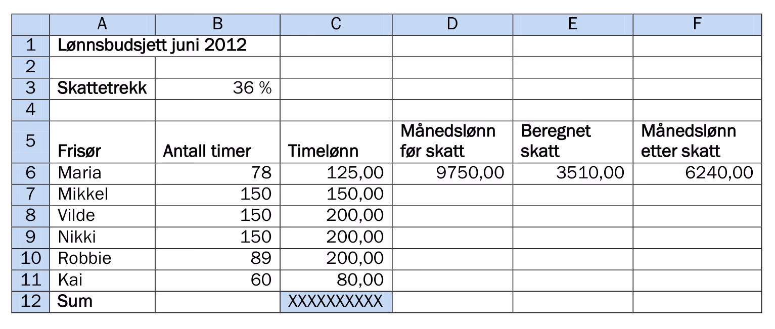 Regneark med lønnsbudsjett for juni 2012