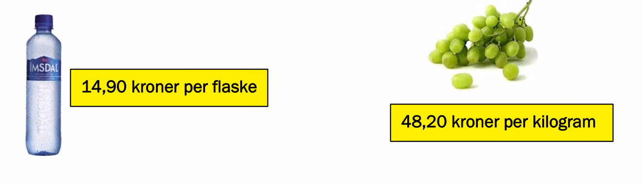 Ei flaske vann koster 14,90 kroner. Druer koster 48,20 kroner per kilogram