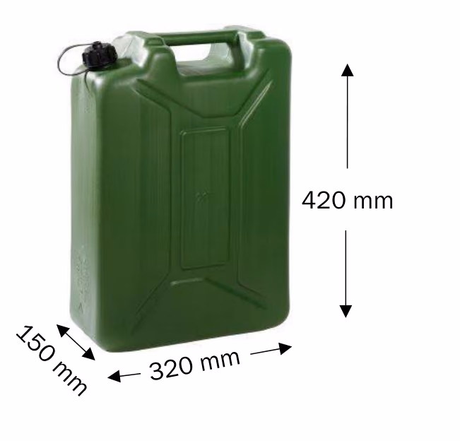 Jerrykanne formet som et rett, firkantet prisme med høyde 420 mm, bredde 320 mm og dybde 150 mm