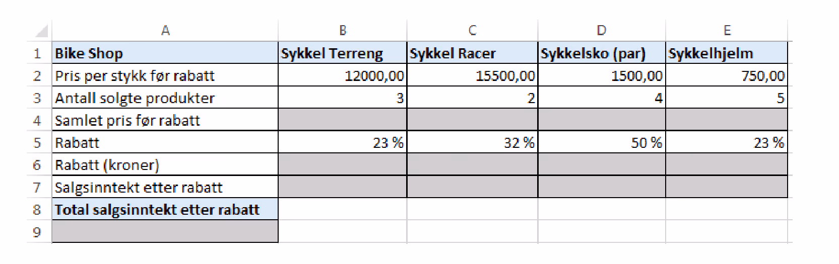 Regneark med kolonnene A til E. Rad 1 har overskriftene Bike Shop, Sykkel Terreng, Sykkel Racer, Sykkelsko (par) og Sykkelhjelm. Rad 2 er Pris per stykk før rabatt med 12000,00, 15500,00, 1500,00 og 750,00. Rad 3 er Antall solgte produkter med 3, 2, 4 og 5. Rad 4 er Samlet pris før rabatt med tomme grå celler. Rad 5 er Rabatt med 23 %, 32 %, 50 % og 23 %. Rad 6 er Rabatt (kroner) med tomme grå celler. Rad 7 er Salgsinntekt etter rabatt med tomme grå celler. Rad 8 er Total salgsinntekt etter rabatt, og rad 9 har en tom grå celle i kolonne A