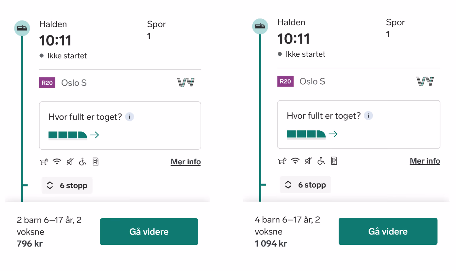 To skjermbilder fra VY-appen for toget Halden–Oslo S klokka 10.11. Den til venstre gjelder 2 barn 6–17 år og 2 voksne og koster 796 kr. Den til høyre gjelder 4 barn 6–17 år og 2 voksne og koster 1 094 kr