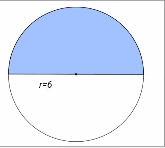 Sirkel der den øvre halvdelen er farget blå. Radien er merket $r=6$