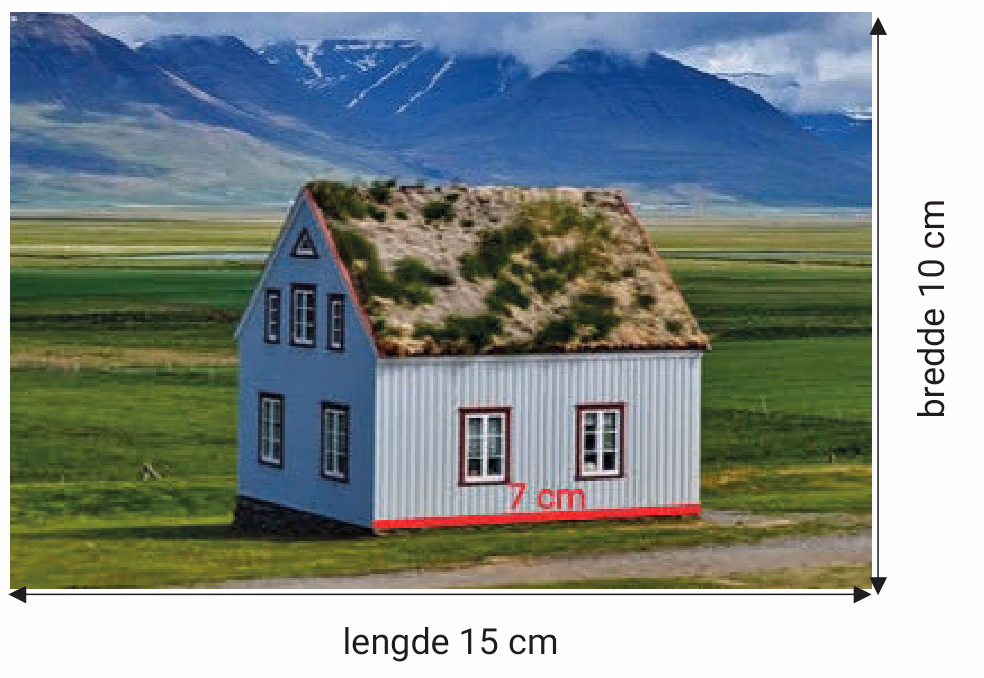 Fotografi av et hus, 15 cm langt og 10 cm bredt, der husveggen er 7 cm
