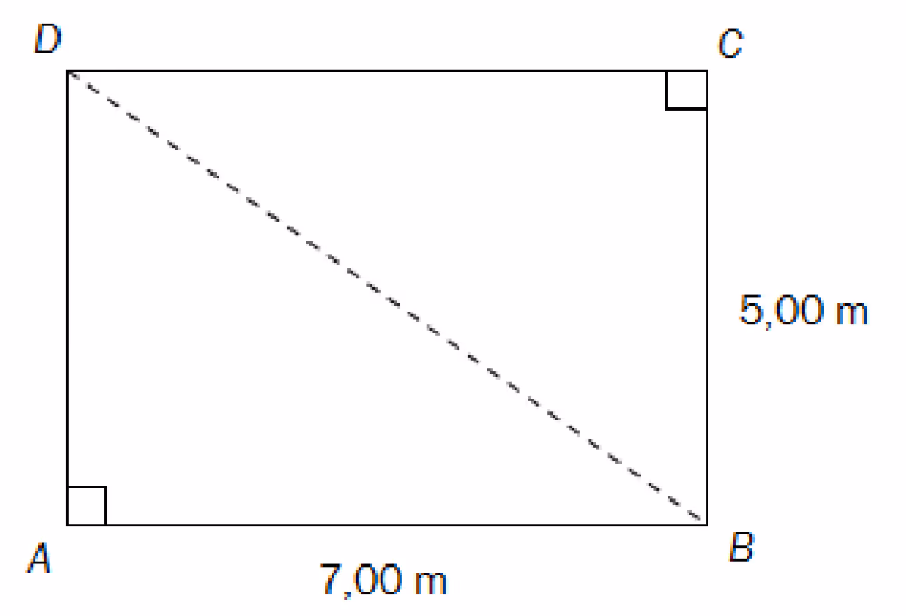 Rektangel ABCD med AB = 7,00 m og BC = 5,00 m og stiplet diagonal BD