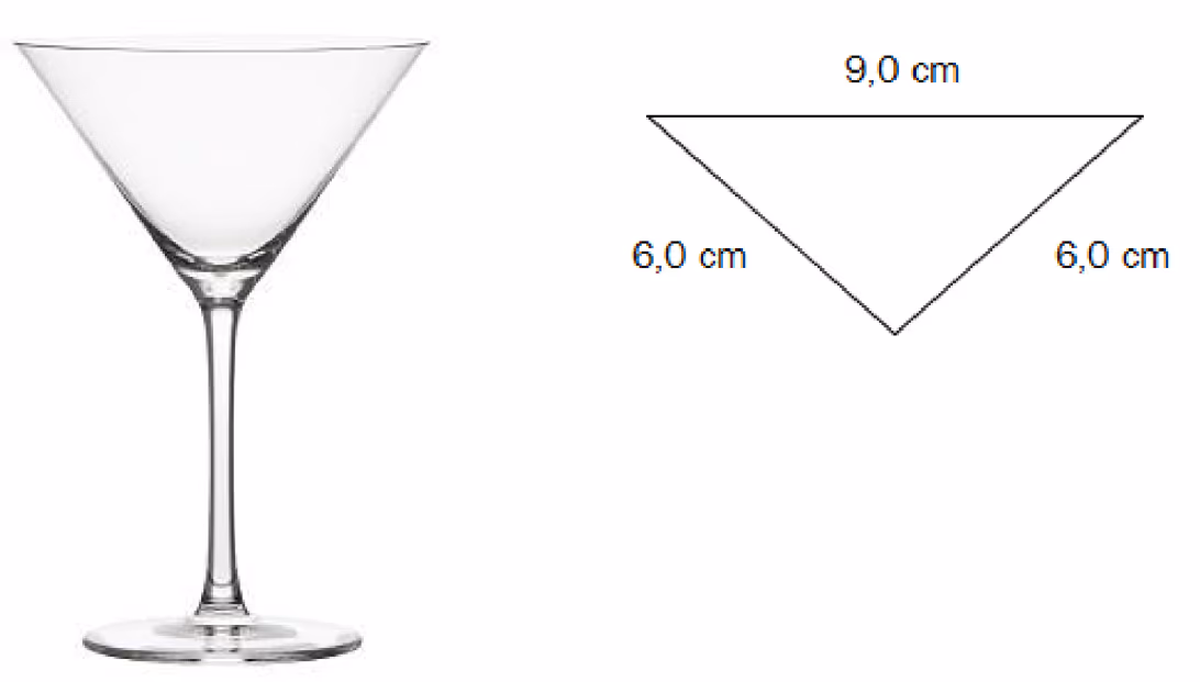 Til venstre et glass med stett. Til høyre tverrsnittet av kjeglen: en trekant med toppbredde 9,0 cm og sidekanter 6,0 cm