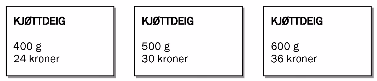 Tre pakker kjøttdeig: 400 g til 24 kroner, 500 g til 30 kroner og 600 g til 36 kroner