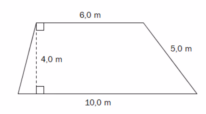 Firkant med parallelle sider 6,0 m og 10,0 m, høyde 4,0 m og skrå side 5,0 m