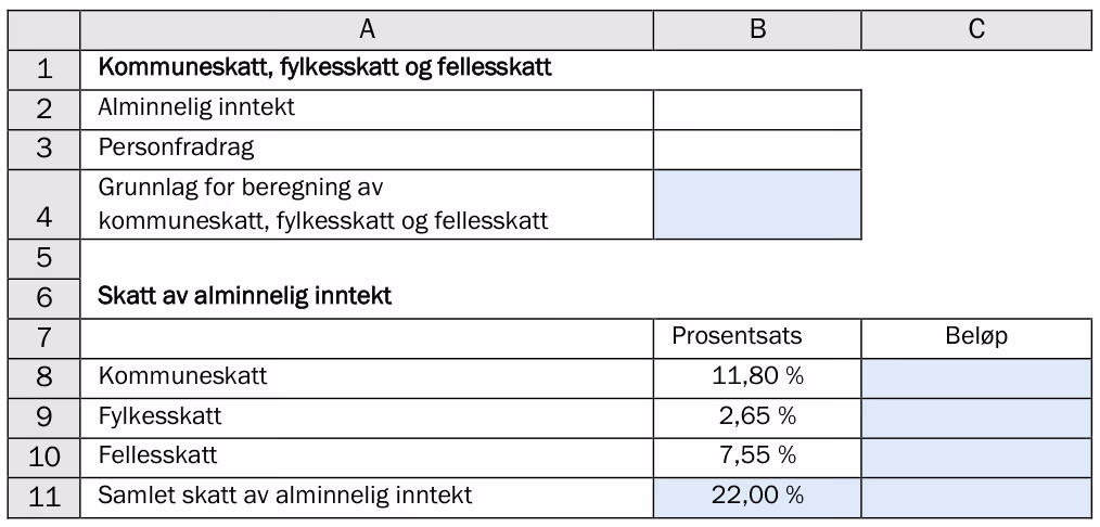 Regneark for kommuneskatt, fylkesskatt og fellesskatt med alminnelig inntekt, personfradrag og prosentsatser 11,80 %, 2,65 % og 7,55 %