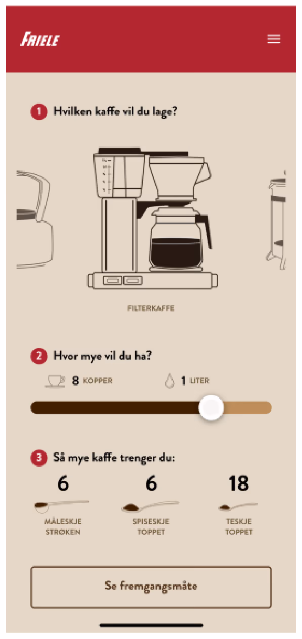 Kaffekalkulator fra Friele som viser 8 kopper, 1 liter og 6 strøkne måleskjeer kaffe