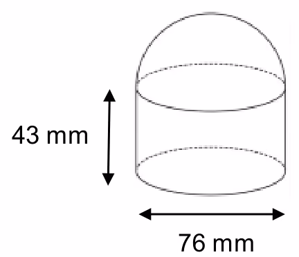 Sylinder med diameter 76 mm og høyde 43 mm med en halvkule på toppen