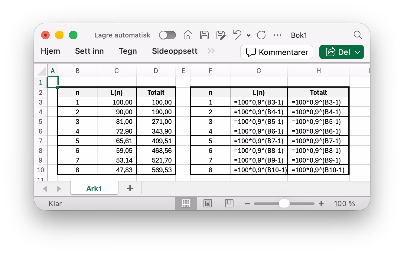 Lengden av de 8 første linjestykkene