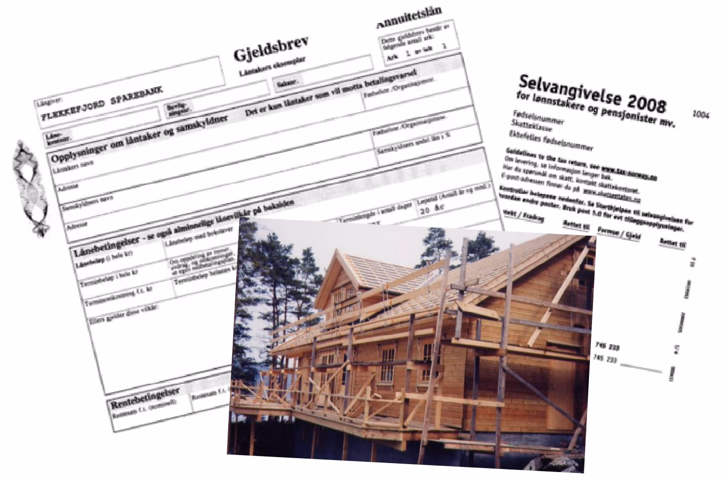 Hus under bygging foran et gjeldsbrev og en selvangivelse