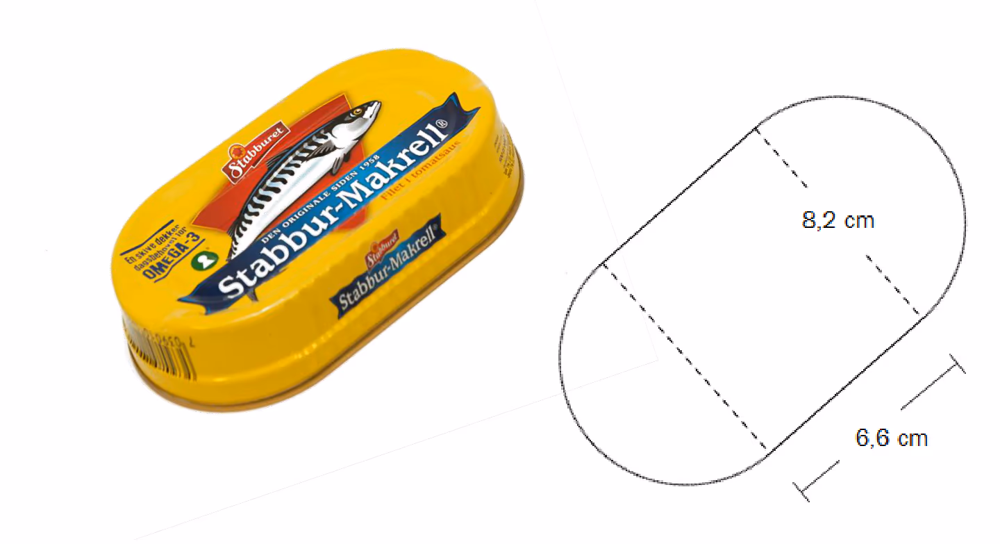 Boks med Stabbur-Makrell, og bunnen av boksen tegnet som et rektangel med lengde 8,2 cm og bredde 6,6 cm med en halvsirkel i hver ende