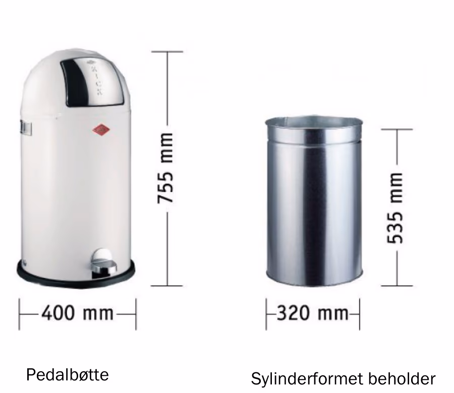 Pedalbøtte med høyde 755 mm og bredde 400 mm, og sylinderformet beholder med høyde 535 mm og bredde 320 mm