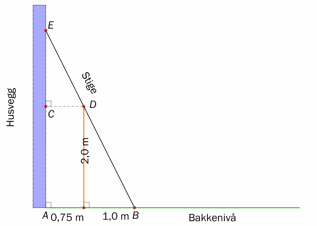 Stige fra B på bakken til E på husveggen, som berører toppen D av et 2,0 m høyt gjerde. AB er delt i 0,75 m og 1,0 m, og C ligger på veggen rett overfor D