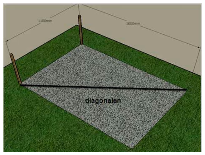 Rektangulær såle med pukk, 1100 mm bred og 1600 mm lang, med diagonalen markert