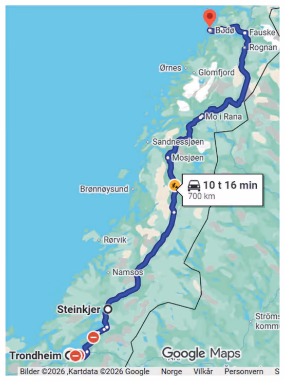 Google Maps: Trondheim til Bodø, 10 t 16 min, 700 km