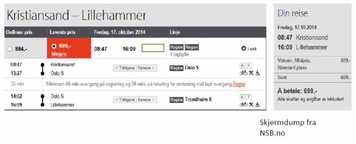 Skjermdump fra NSB.no: Kristiansand–Lillehammer fredag 17. oktober 2014, ordinær pris 884 kr, laveste pris 699 kr (minipris), avgang 08:47 og ankomst 16:09 med togbytte i Oslo S