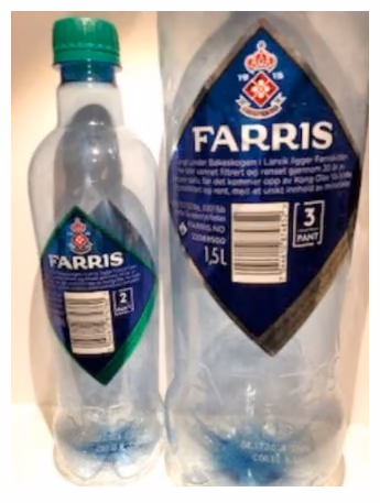 Liten og stor Farris-flaske merket med 2 kr og 3 kr i pant