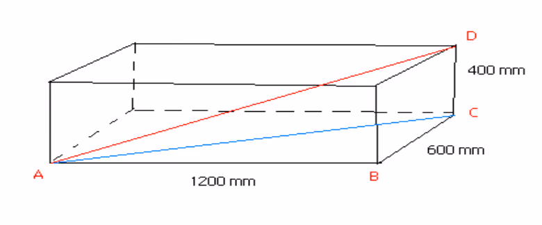 Rettvinklet prisme med lengde 1200 mm, bredde 600 mm og høyde 400 mm, der diagonalene AC og AD er tegnet inn