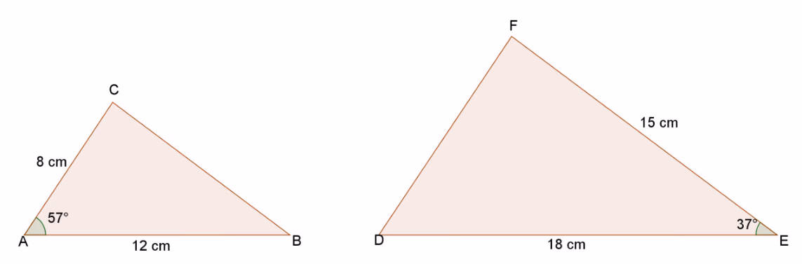 Trekant ABC med $AB = 12 \mathrm{~cm}$, $AC = 8 \mathrm{~cm}$ og vinkel $A = 57\degree$, og trekant DEF med $DE = 18 \mathrm{~cm}$, $EF = 15 \mathrm{~cm}$ og vinkel $E = 37\degree$