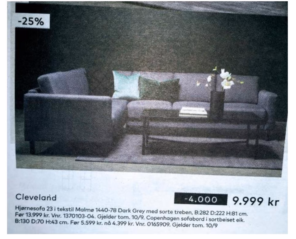 Utklipp fra kundeavis: hjørnesofa merket −25 %, −4.000 og 9.999 kr, «Før 13.999 kr»