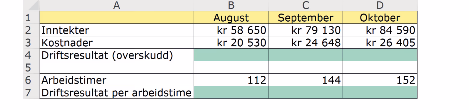 Regneark med inntekter, kostnader og arbeidstimer