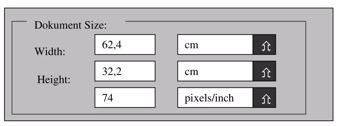 Dialogboks for dokumentstørrelse: Width 62,4 cm, Height 32,2 cm og oppløsning 74 pixels/inch