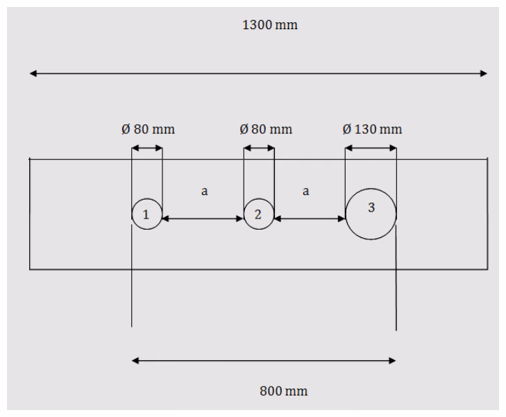 Arbeidsstykke på 1300 mm med tre hull: hull 1 og 2 med diameter 80 mm og hull 3 med diameter 130 mm. Avstanden mellom hullene er a, og det er 800 mm fra ytterkanten av hull 1 til ytterkanten av hull 3
