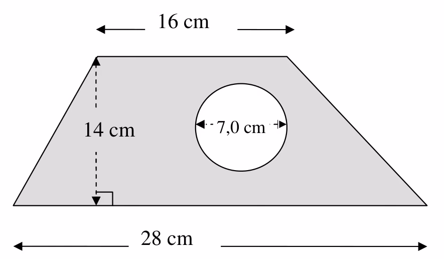 Stålplate formet som et trapes med parallelle sider 16 cm og 28 cm, høyde 14 cm og et sirkelformet hull med diameter 7,0 cm