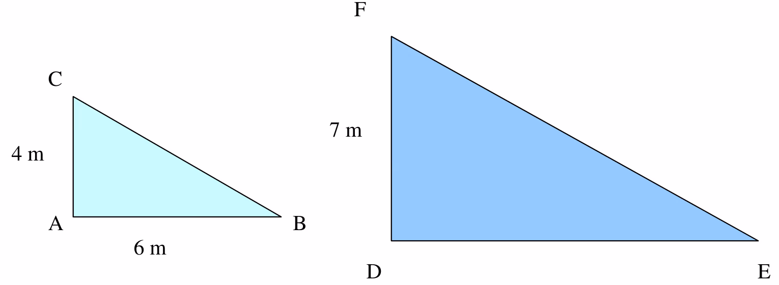 Rettvinklet trekant ABC med AC = 4 m og AB = 6 m, og rettvinklet trekant DEF med DF = 7 m