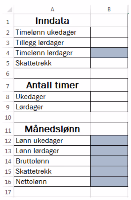 Regneark med overskriftene Inndata (timelønn ukedager, tillegg lørdager, timelønn lørdager, skattetrekk), Antall timer (ukedager, lørdager) og Månedslønn (lønn ukedager, lønn lørdager, bruttolønn, skattetrekk, nettolønn). Cellene B4 og B12–B16 er grå