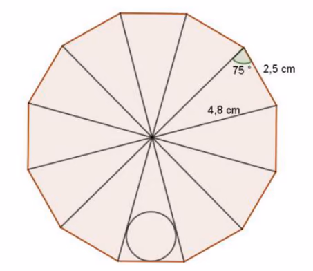 Regulær tolvkant delt i 12 like trekanter fra sentrum. Sidene er 2,5 cm, avstanden fra sentrum til hjørnene er 4,8 cm, og grunnvinkelen i en trekant er 75°. I én trekant er det tegnet et sirkelformet hull