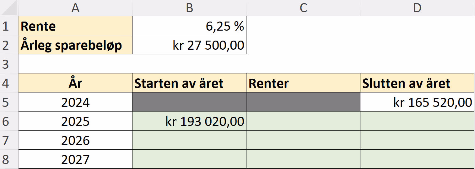 Regneark som viser Ellas sparing
