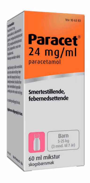 Paracet mikstur 24 mg/mL. Kilde: https://paracet.no/produkt/mikstur/, Pixabay