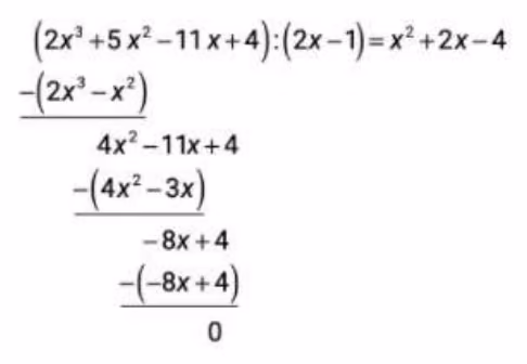 Robinas polynomdivisjon: (2x³ + 5x² − 11x + 4) : (2x − 1) = x² + 2x − 4 med rest 0