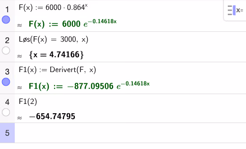 Løsning i CAS: F(x)=3000 gir x≈4,74; F'(x) og F'(2)