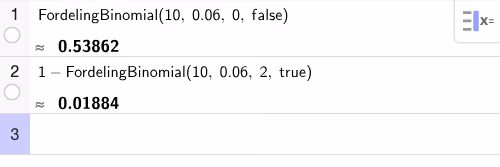 CAS-utregning av P(X=0) og P(X≥3)