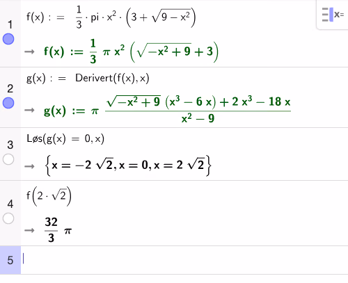 CAS: derivasjon av volumfunksjonen og løsning av f'(x)=0