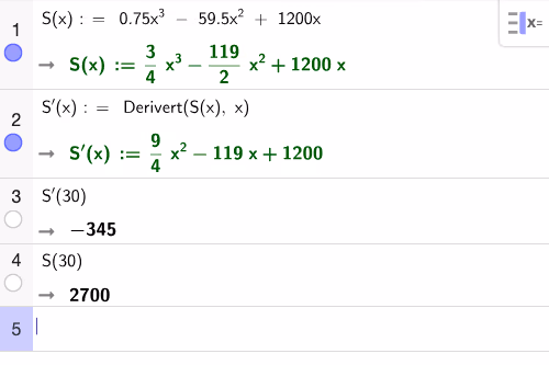 CAS: S'(x) = 9/4·x² - 119x + 1200, S'(30) = -345, S(30) = 2700
