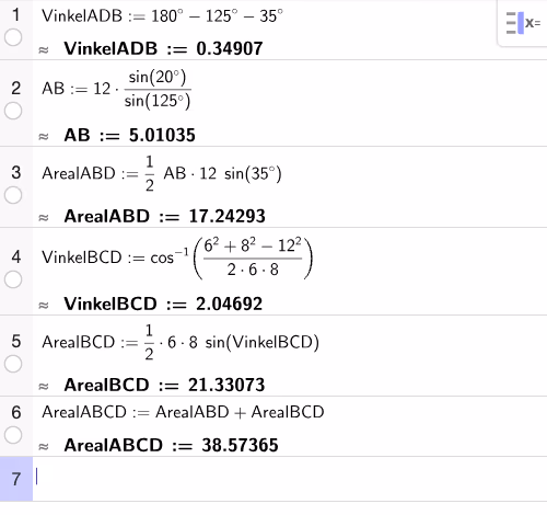 GeoGebra CAS: areal av firkant ABCD